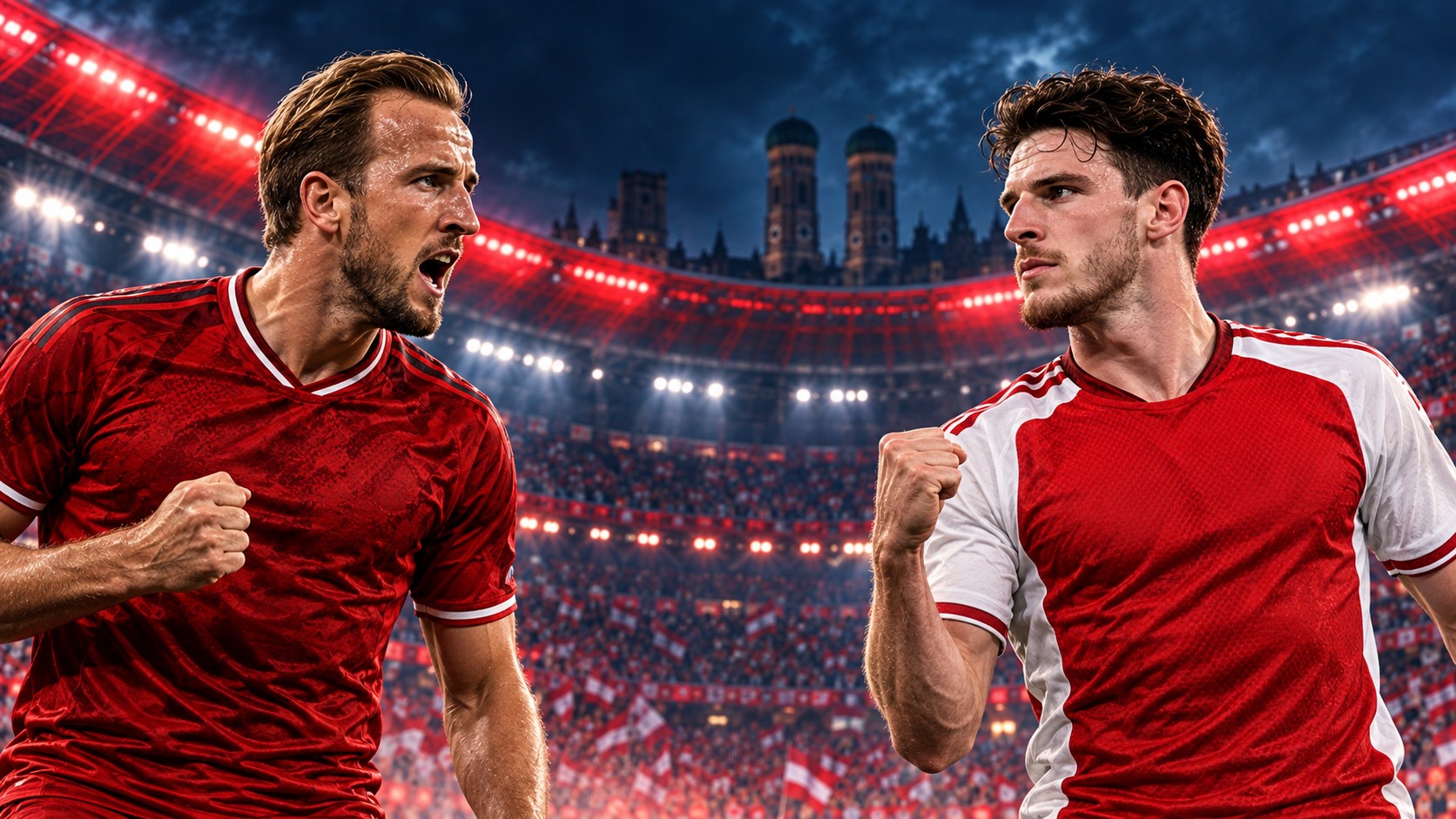 Ilustração editorial de Harry Kane, do Bayern, e Declan Rice, do Arsenal, em um estádio inspirado em Munique
