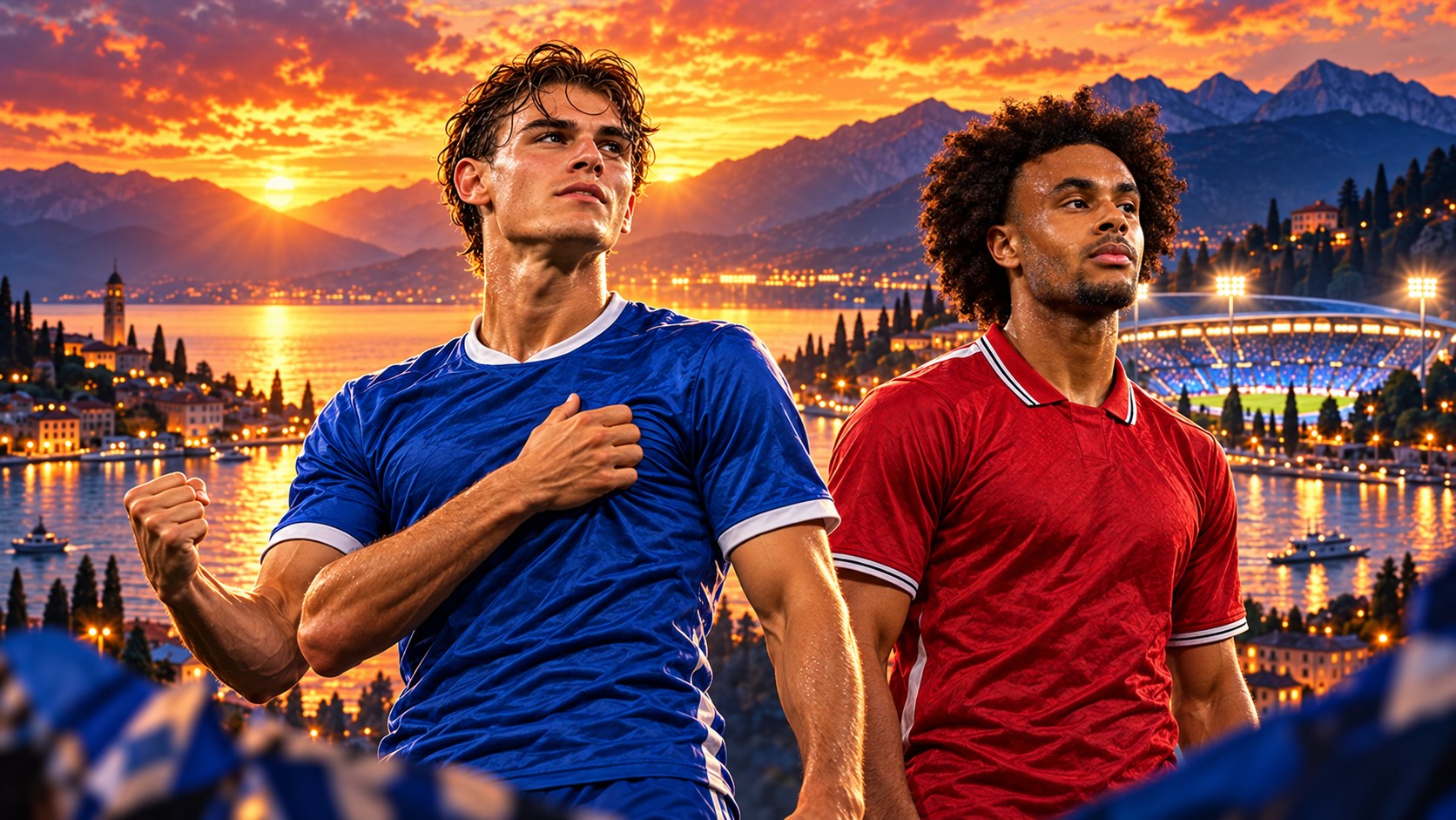 Ilustração editorial de Nico Paz, do Como, e Joshua Zirkzee, do Manchester United, diante do Lago de Como