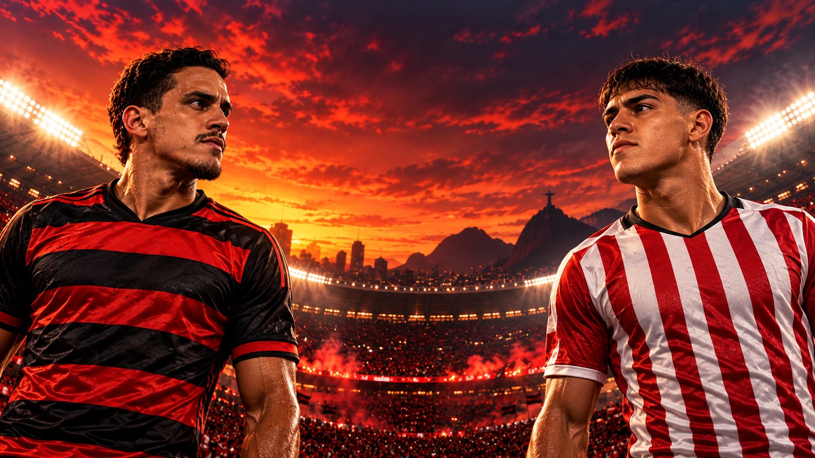Ilustração editorial de Pedro, do Flamengo, e Joaquín Tobio Burgos, do Estudiantes, diante de um estádio no Rio de Janeiro
