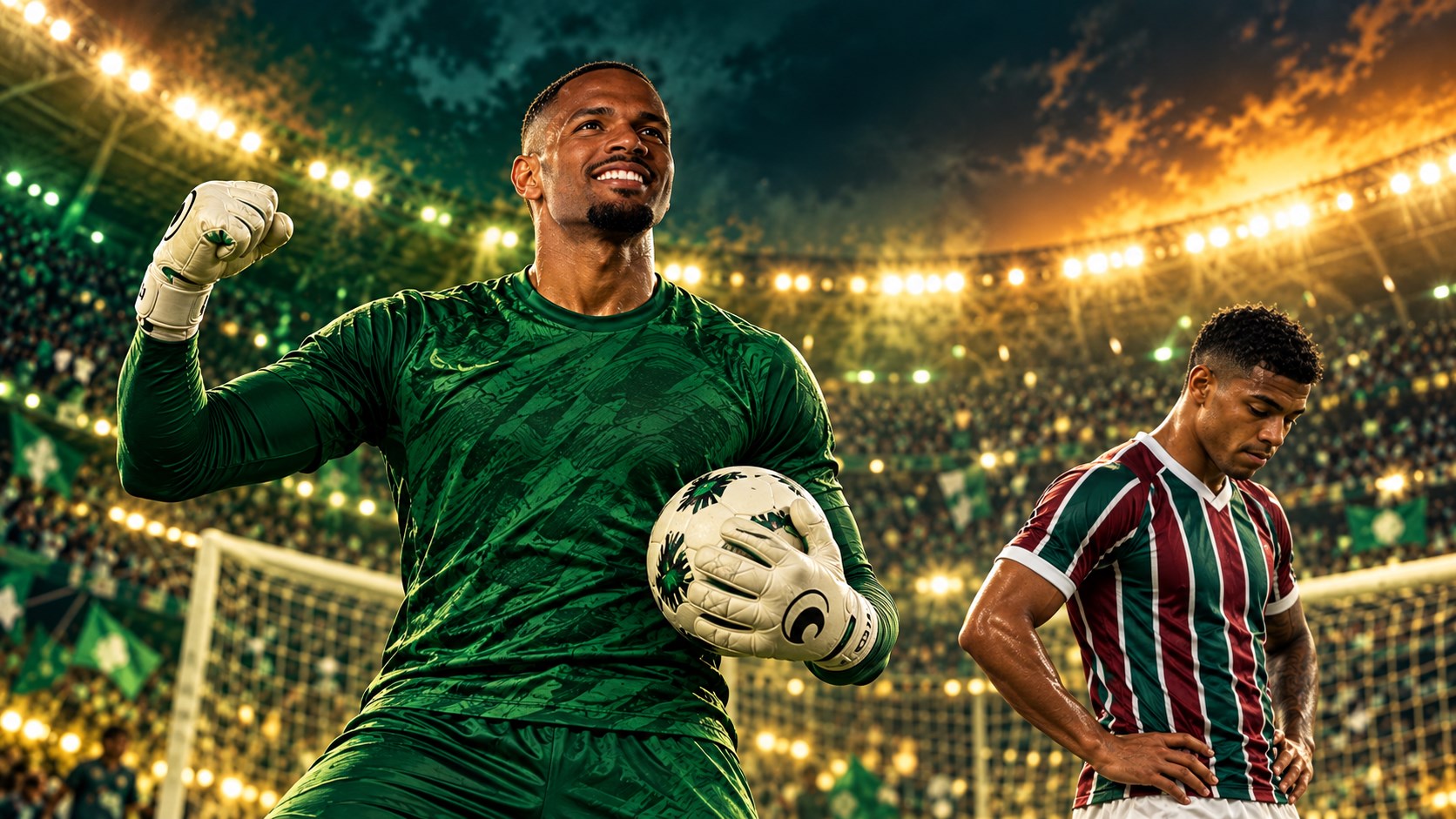 Ilustração editorial de Carlos Miguel, do Palmeiras, e Hércules, do Fluminense, após uma disputa de pênaltis