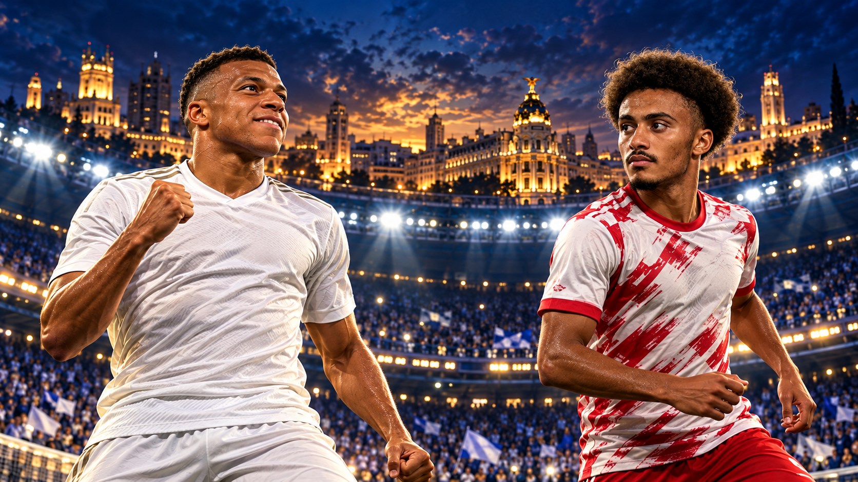 Ilustração editorial de Kylian Mbappé, do Real Madrid, e Tidiam Gomis, do RB Leipzig