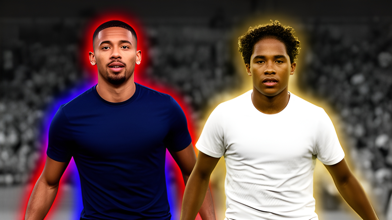 Ilustração editorial gerada por IA com Gabriel Jesus, do Barcelona e Endrick, do Real Madrid, para Barcelona x Real Madrid.