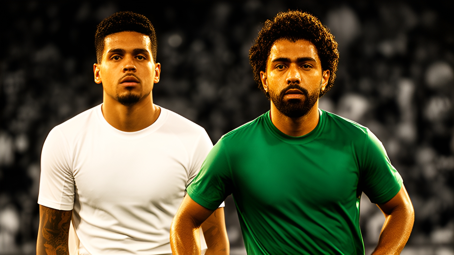 Ilustração editorial gerada por IA com Gabriel Barbosa, do Santos e Paulinho, do Palmeiras, para Santos x Palmeiras.