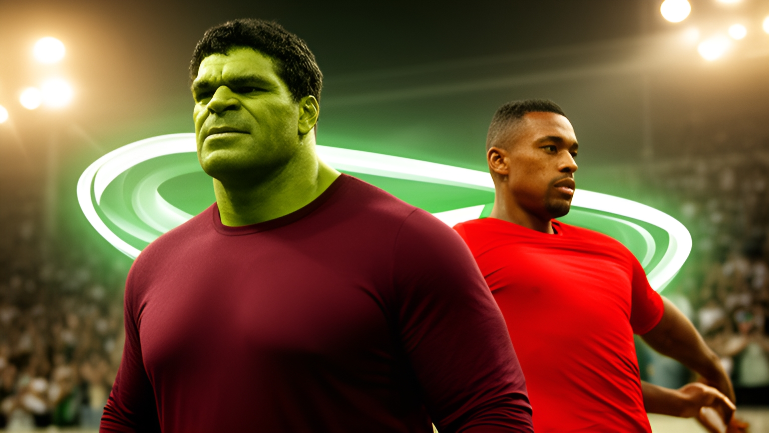 Ilustração editorial gerada por IA com Hulk, do Fluminense e Alerrandro, do Internacional, para Fluminense x Internacional.