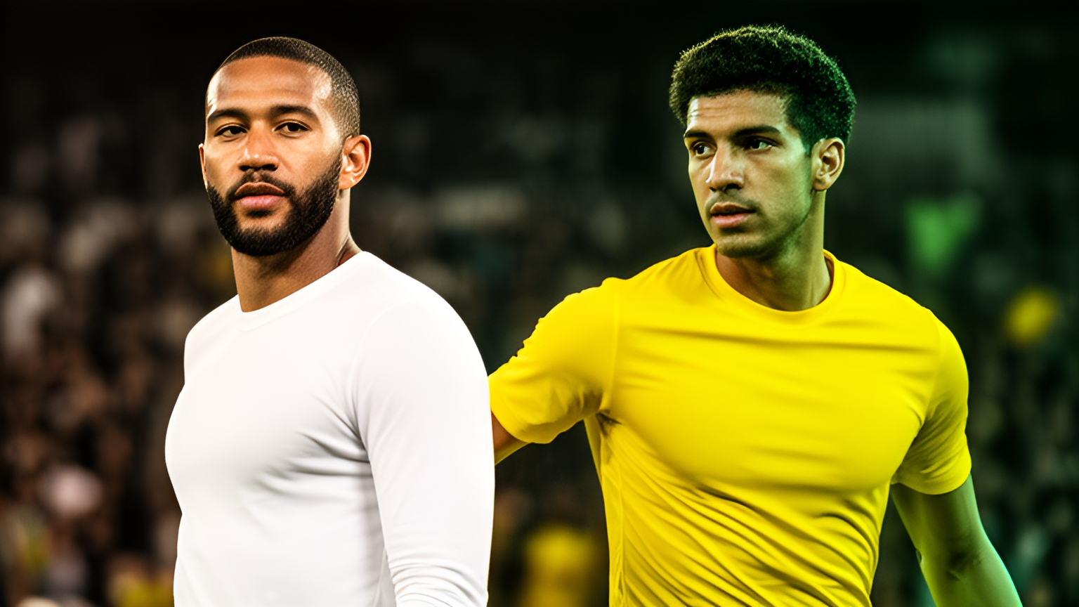 Ilustração editorial gerada por IA com M. Depay, do Corinthians e André Luís, do Mirassol, para Corinthians x Mirassol.