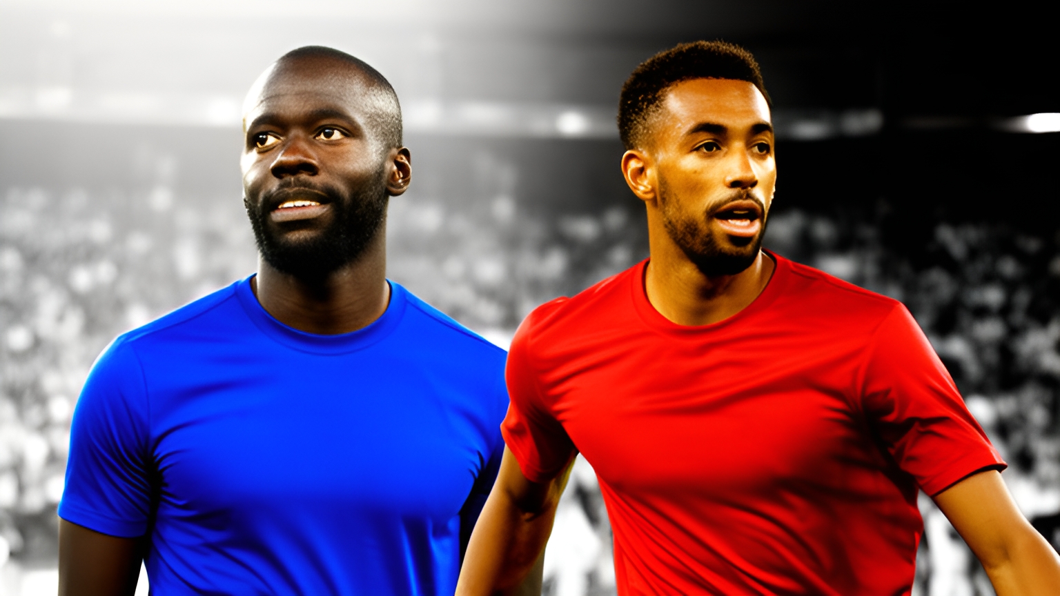 Ilustração editorial gerada por IA com M. Eboue, do Chelsea e Matheus Cunha, do Manchester United, para Chelsea x Manchester United.