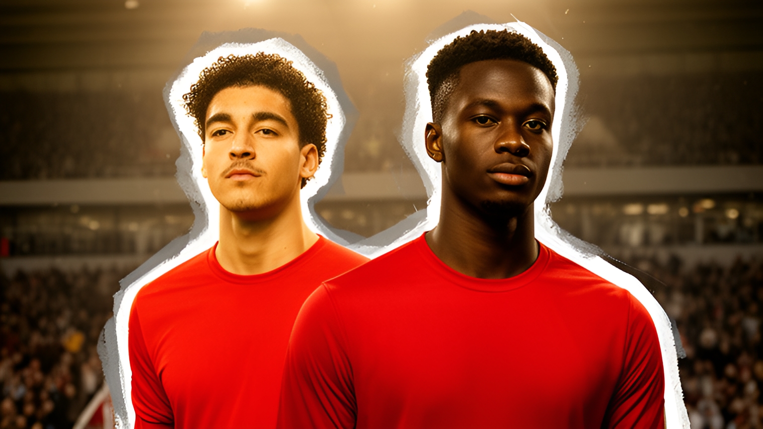 Ilustração editorial gerada por IA com J. Danns, do Liverpool e B. Saka, do Arsenal, para Liverpool x Arsenal.